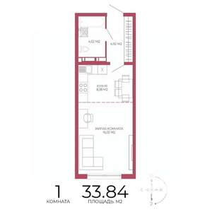 1-к квартира, строящийся дом, 34м2, 10/18 этаж