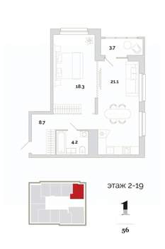 1-к квартира, вторичка, 56м2, 3/24 этаж