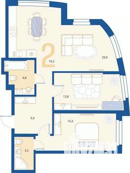 2-к квартира, вторичка, 76м2, 1/16 этаж