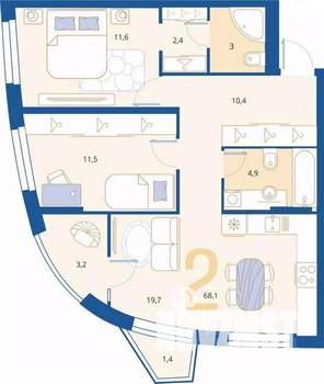 2-к квартира, вторичка, 68м2, 6/16 этаж