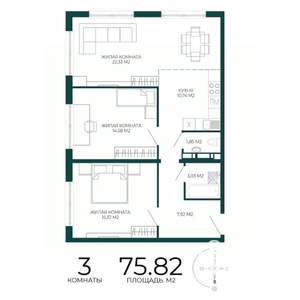 3-к квартира, строящийся дом, 76м2, 14/17 этаж
