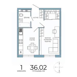 1-к квартира, строящийся дом, 36м2, 13/18 этаж