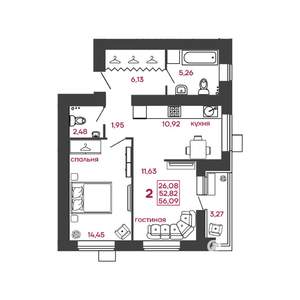 2-к квартира, вторичка, 56м2, 16/17 этаж