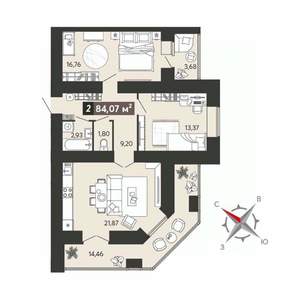 2-к квартира, вторичка, 84м2, 14/17 этаж