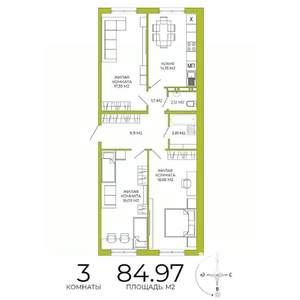 3-к квартира, строящийся дом, 85м2, 9/18 этаж