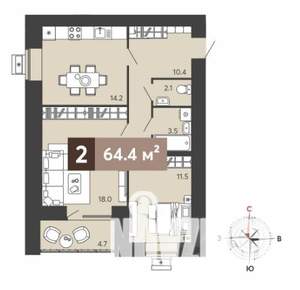 2-к квартира, вторичка, 64м2, 12/17 этаж