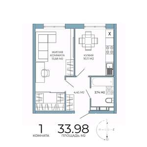1-к квартира, строящийся дом, 34м2, 5/18 этаж