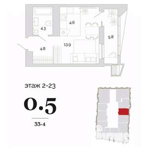 1-к квартира, вторичка, 33м2, 7/24 этаж