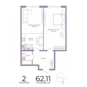 2-к квартира, строящийся дом, 62м2, 4/17 этаж