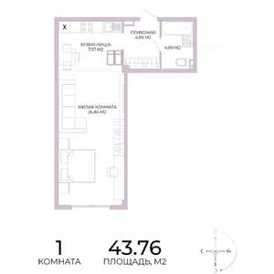 1-к квартира, строящийся дом, 44м2, 3/17 этаж
