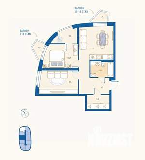 2-к квартира, вторичка, 60м2, 7/16 этаж