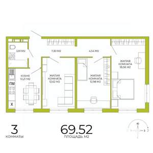 3-к квартира, строящийся дом, 70м2, 4/18 этаж