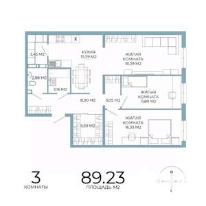 3-к квартира, строящийся дом, 89м2, 6/18 этаж
