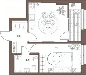 1-к квартира, вторичка, 39м2, 4/16 этаж