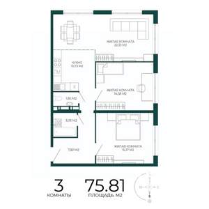 3-к квартира, строящийся дом, 76м2, 17/17 этаж