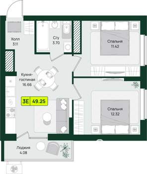 1-к квартира, строящийся дом, 49м2, 2/16 этаж