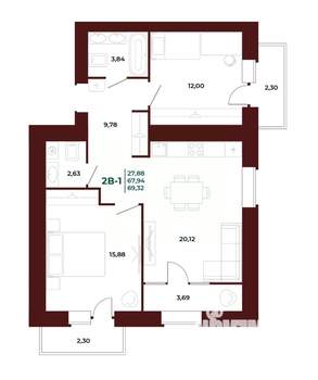 2-к квартира, вторичка, 69м2, 8/17 этаж