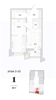 1-к квартира, вторичка, 52м2, 6/24 этаж