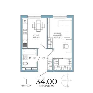 1-к квартира, строящийся дом, 34м2, 4/18 этаж