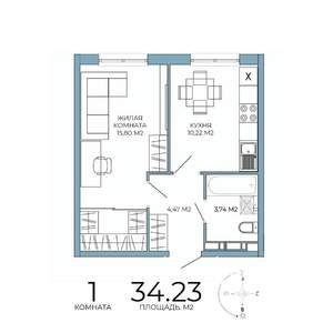 1-к квартира, строящийся дом, 34м2, 9/18 этаж