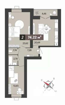 2-к квартира, строящийся дом, 74м2, 10/16 этаж