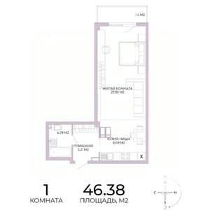 1-к квартира, вторичка, 46м2, 13/17 этаж