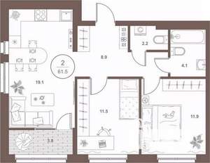 2-к квартира, вторичка, 62м2, 4/16 этаж