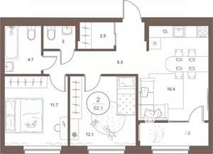 2-к квартира, вторичка, 62м2, 5/16 этаж