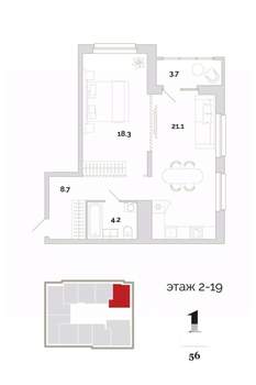 1-к квартира, вторичка, 56м2, 13/24 этаж