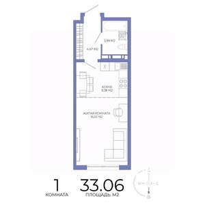 1-к квартира, строящийся дом, 33м2, 9/17 этаж