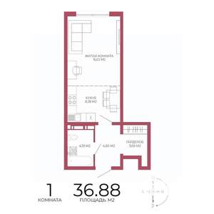 1-к квартира, строящийся дом, 37м2, 8/18 этаж