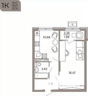 1-к квартира, вторичка, 41м2, 12/17 этаж