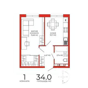 1-к квартира, строящийся дом, 34м2, 5/18 этаж