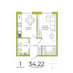 1-к квартира, вторичка, 34м2, 9/18 этаж
