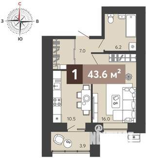 1-к квартира, сданный дом, 44м2, 1/17 этаж