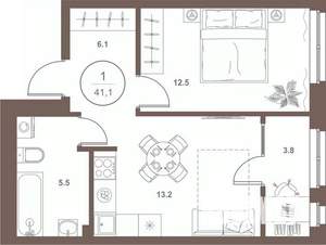 1-к квартира, вторичка, 41м2, 1/16 этаж