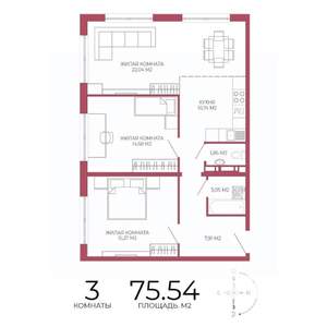3-к квартира, строящийся дом, 76м2, 5/18 этаж