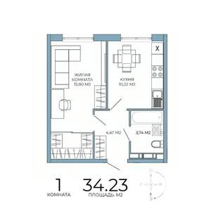 1-к квартира, строящийся дом, 34м2, 8/18 этаж