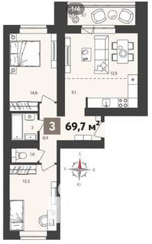3-к квартира, вторичка, 70м2, 12/14 этаж
