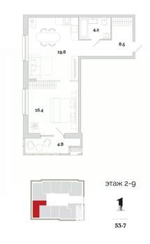 1-к квартира, вторичка, 54м2, 9/24 этаж