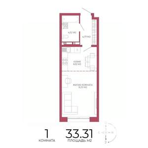 1-к квартира, строящийся дом, 33м2, 2/18 этаж
