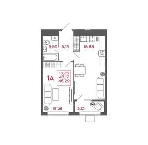 1-к квартира, вторичка, 46м2, 4/17 этаж