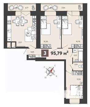 3-к квартира, вторичка, 96м2, 1/13 этаж