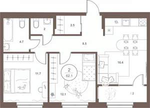 2-к квартира, вторичка, 62м2, 12/16 этаж
