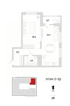 1-к квартира, вторичка, 56м2, 16/24 этаж