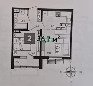 2-к квартира, вторичка, 37м2, 11/16 этаж