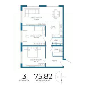 3-к квартира, вторичка, 76м2, 16/17 этаж