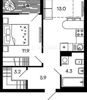 1-к квартира, вторичка, 42м2, 9/9 этаж