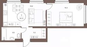 1-к квартира, вторичка, 45м2, 8/16 этаж