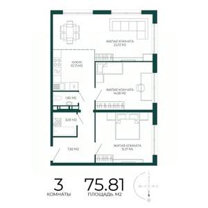 3-к квартира, вторичка, 76м2, 8/17 этаж